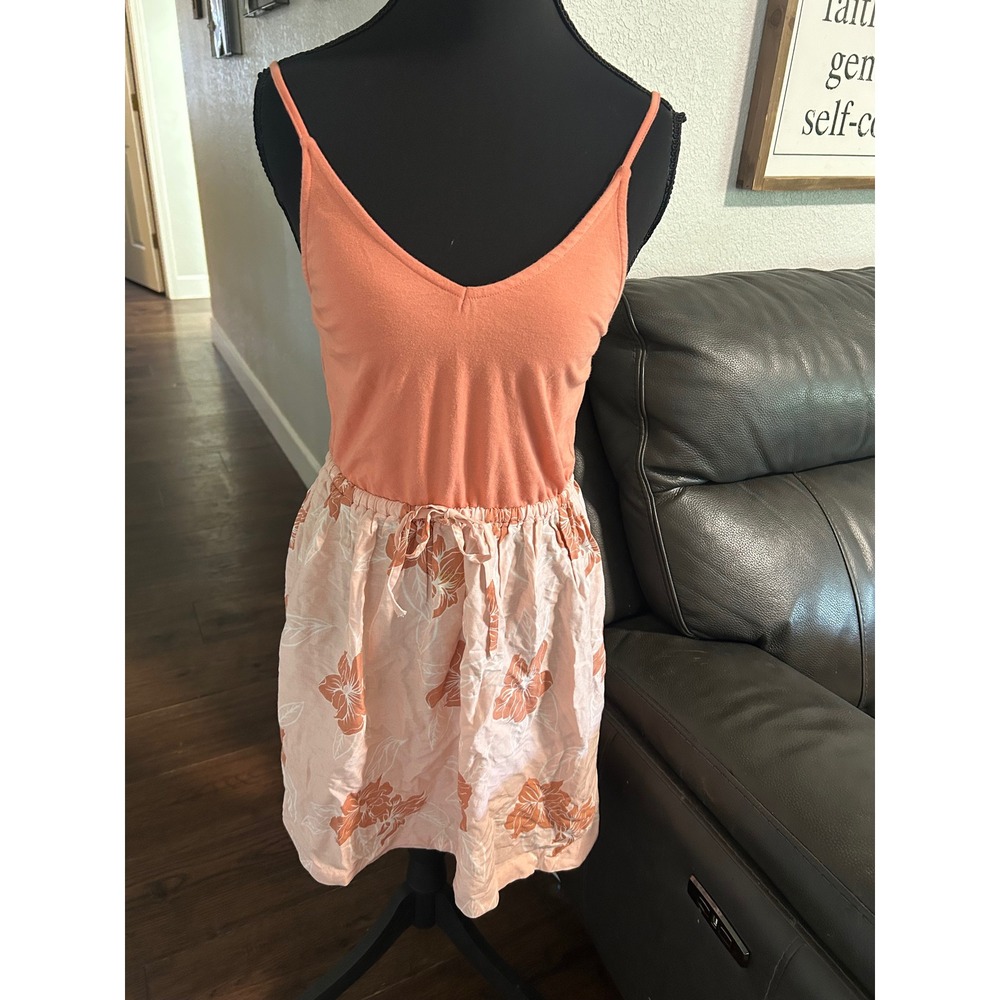 Y2K Roxy Women Coral Peach Tropical Floral Mixed Media Mini Dress XS Sundress